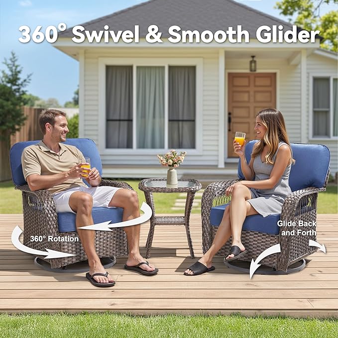 Outdoor Swivel Rocker Chairs - Patio Rocking Chairs Set of 2, 3PCS Wicker Patio Set with 5" Thick Cushion and Side Table, Rattan Patio Swivel Rocking Chairs for Porch, Deck, Backyard Blue/Brown