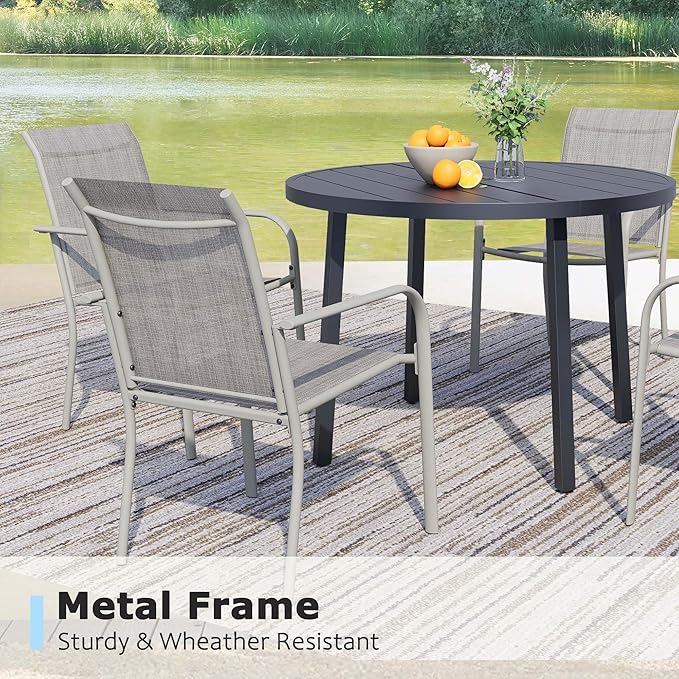 7 Pieces Round Dining Table Set for 6, Patio Dining Set Includes 6 Grey Stackable Patio Chairs and 1 Black Round Table Set of 6, Patio Furniture Sets with Sling Support for Outside, Garden