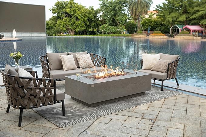 AMS Creations | Madison 60" Rectangular Natural Gas Outdoor Fire Pit Table | Light Gray Concrete GFRC | Limestone Texture or Surface | Electronic Ignition | Outside Backyard Fireplace
