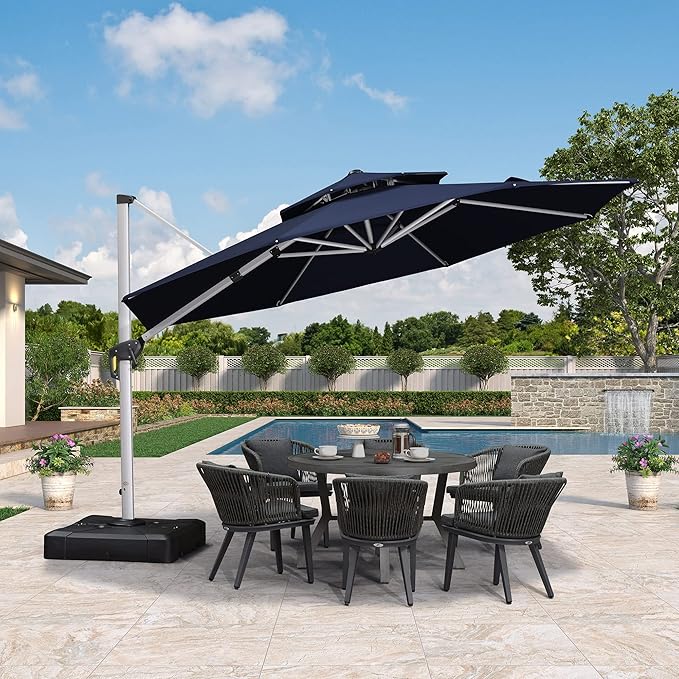 PURPLE LEAF 12 Feet Double Top Round Deluxe Patio Umbrella Offset Hanging Umbrella Outdoor Market Umbrella Garden Umbrella, Navy Blue