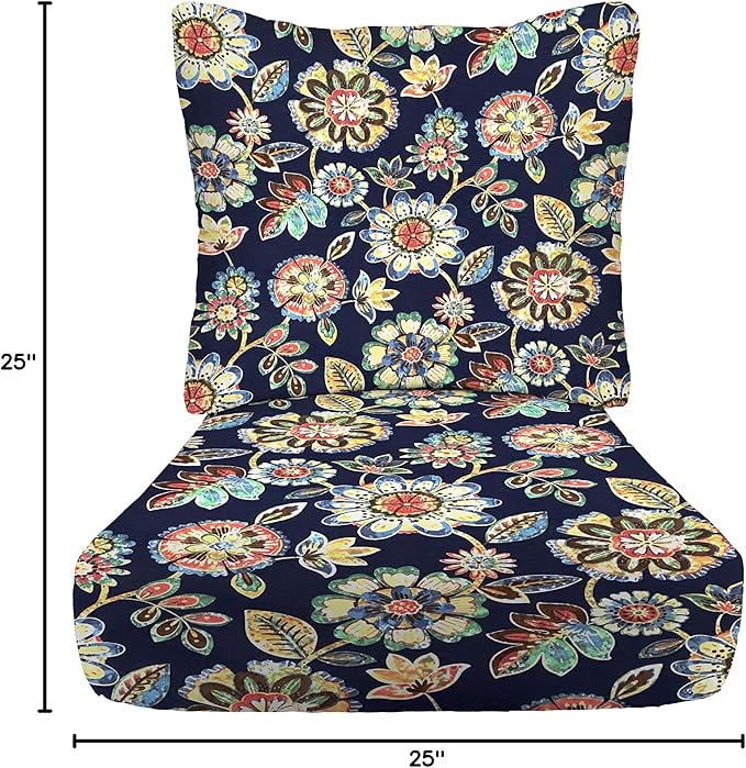 RSH DECOR: Deep Seating Cushion with Pillow Back | 25” x 25” Seat | Water and Fade-Resistant Spun Fabric | Outdoor Chair Cushion Set for Patio Furniture | Daelyn Navy