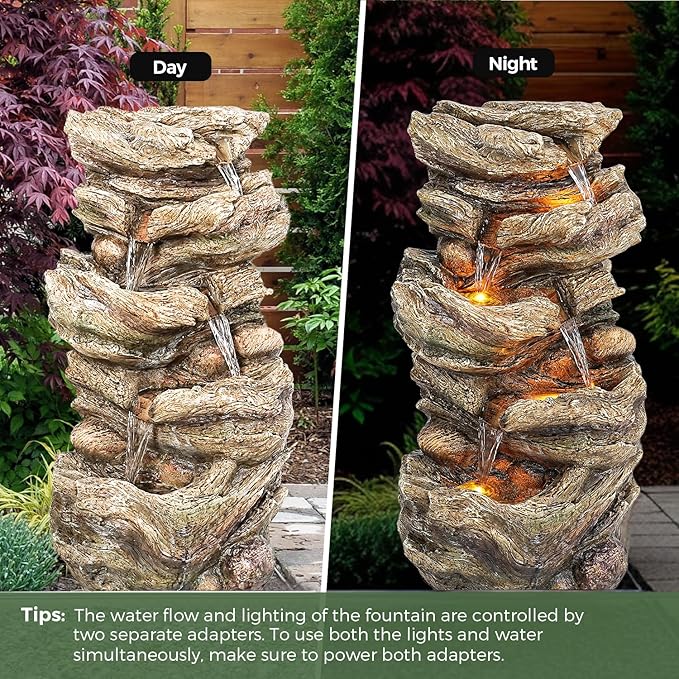 32" High Outdoor Water Fountain, 5-Tiers Cascading Rock Waterfall with LED Lights for Garden, Patio, Yard Decor, Soothing Tranquility for Any Outdoor Living Space