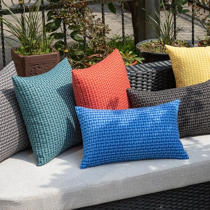Kevin Textile Outdoor Waterproof Throw Pillow Covers Pack of 2 Weaving Texture Water Resistant Outside Decorative Cushion Covers for Garden Patio Tent Balcony Bench Couch Sofa 16x16 Inch, Teal