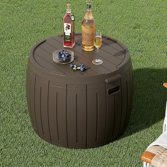 ZZM 33 Gallon Round Deck Box, Patio Side Table for Cushion, Picnic Bucket, Small Bench Seat, All-Weather & Portable, Brown