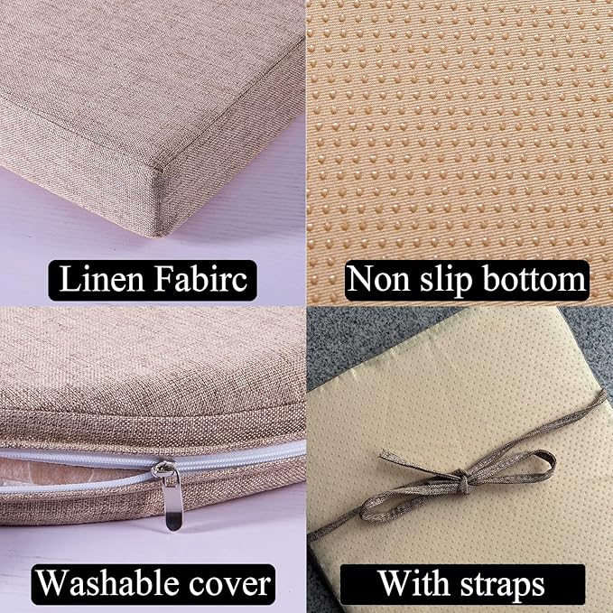 40 x 12 Inch Piano Bench Cushions for Indoor Furniture with Ties Non Slip Kitchen Dining Room Bench seat Cushion for Shoe Storage Ottoman Window Settee pad, Khaki