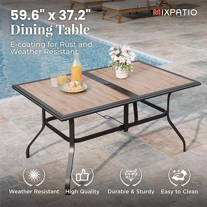 7 Pieces Patio Table and Chairs Set, Outdoor Dining Furniture Set for 6, 6 Blue Textilene Chairs and 61" Wood-Like Table Top with Umbrella Hole, for Deck Backyard Lawn