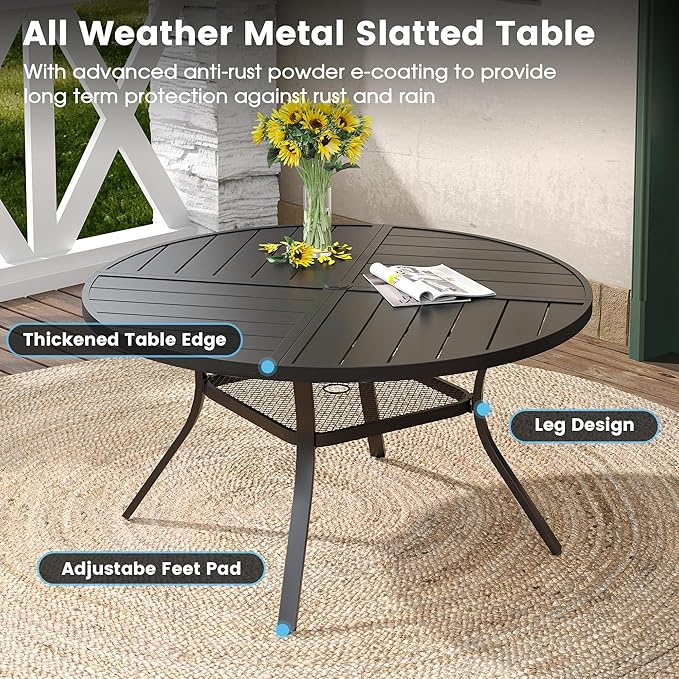 DIFY 7 Pieces Outdoor Patio Dining Set, 6 Blue Textilene Swivel Dining Chairs and 47.2" Black Round Metal Dining Table, Outdoor Table and Chairs
