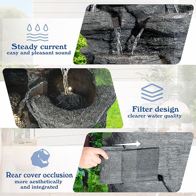 40''H Outdoor Water Fountain - Garden Rock Waterfall Fountains, Outdoor/Indoor Floor Standing Resin Water Fountain with 10 LED Light for Patio, Garden and Backyard, Deck, Porch, Home