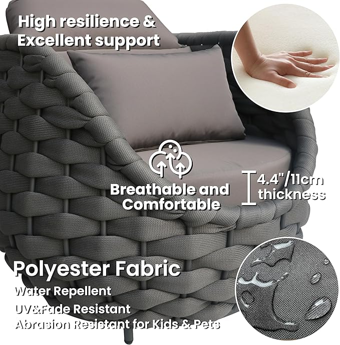 4 Pcs Patio Rope Accent Chair: Aluminum Single Lounge Armchair - Large Woven Chair Cushioned - Modern Arm Chair Assembled for 400lbs Outdoor Lanai Deck Balcony Porch Yard Garden Hotel, Dark Gray