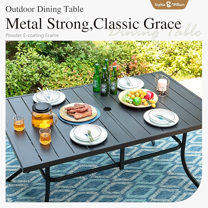 Sophia & William Outdoor Dining Set 7 Pieces, 6 Aluminum Stackable Chair for Space-Saving and 59" x 35" Patio Dining Table, Easy to Move for Outdoor Garden Lawn (Blue)