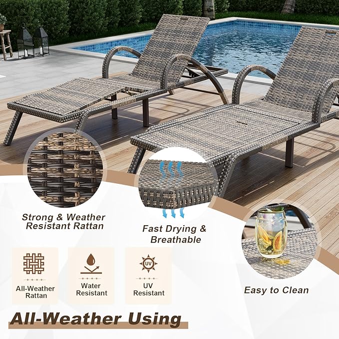 MEISSALIVVE Outdoor Lounge Chairs Set of 2, Patio Chaise Loungers with Adjustable 5-Position & Leg Support, PE Rattan Chaise Lounge, Wicker Pool Recliners Chair for Backyard, Porch, Deck,（Brown