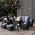 LayinSun 10 Pieces Outdoor Patio Furniture Set with Fire Pit Table, Rattan Wicker Sectional Swivel Rocker Chairs Sets