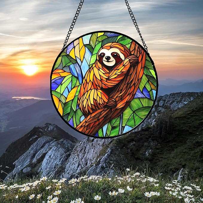 Stained Glass Window Hanging - Funny Sloth Suncatcher for Doors Garden Patio Cute Sun Catchers Decor Christmas Mother's Day Birthday Teenager Gifts for Women Men Mom Nana Friend 6.3 in
