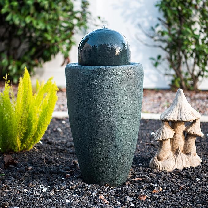 XBrand 25.98" H Round Stone Indoor/Outdoor Modern Stone Textured Sphere Water Fountain w/LED Lights, Ball Fountain Decor, Dark Green