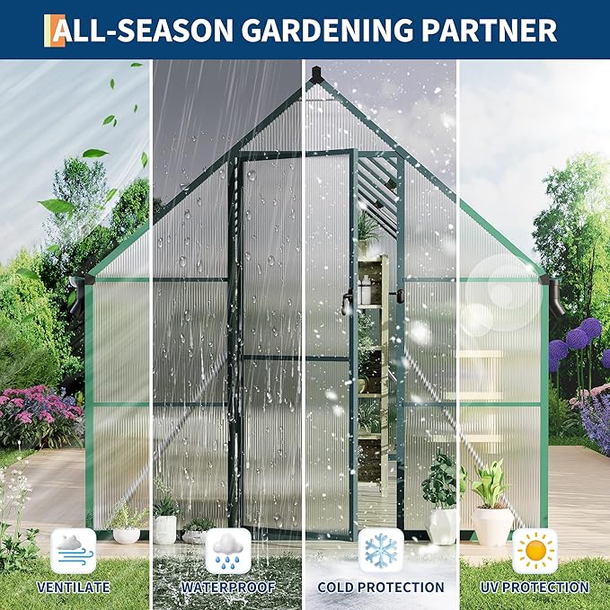 8'X16' Aluminum-Framed Polycarbonate Greenhouse, Heavy Duty Polycarbonate Greenhouse with Quick Setup Structure and Roof Vent, Large Enhanced Aluminum Greenhouses Kit for Outdoors