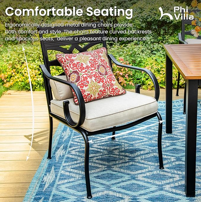PHI VILLA Patio Dining Set for 6, 7 PCS Outdoor Dining Sets - 1 Rectangle 37"x60" Dining Table (1.57in Umbrella Hole) & 6 Patio Dining Chairs,Metal Patio Furniture