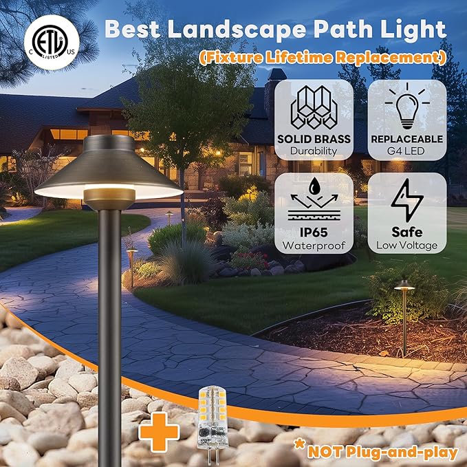 Gardenreet Low Voltage Landscape Lighting Brass - 12v Pathway Lights Waterproof, Hard Wired Path Light Outdoor, Mushroom Bronze for Exterior Area Patio House with 3W 5000K Daylight G4 Bulb (4 Pack)