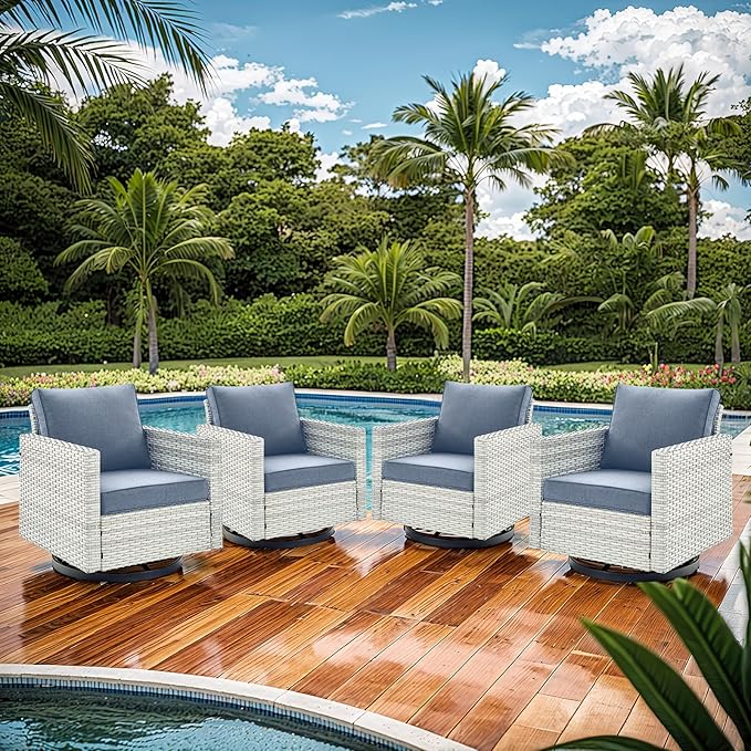Outdoor Swivel Chairs Set of 4: Wicker Swivel Rocker Patio Chairs Set of 4, Swivel Rocker Outdoor Chair, Wicker Patio Furniture Sets, LightGrey/LightBlue