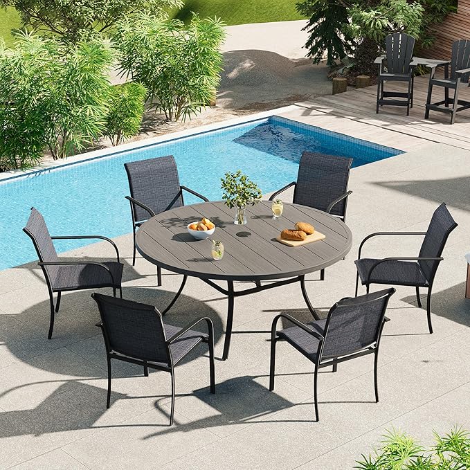 VICLLAX 50" Outdoor Round Patio Dining Table for 4-6, All Weather Metal Dining Table with Umbrella Hole for Deck Lawn Garden Backyard, Grey