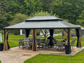 PURPLE LEAF 14' X 20' Outdoor Hardtop Gazebo Patio Wide Aluminum Frame Metal Double Roof with Heavy Duty Netting and Curtains for Permanent Hard Top Pavilion Screen, Khaki