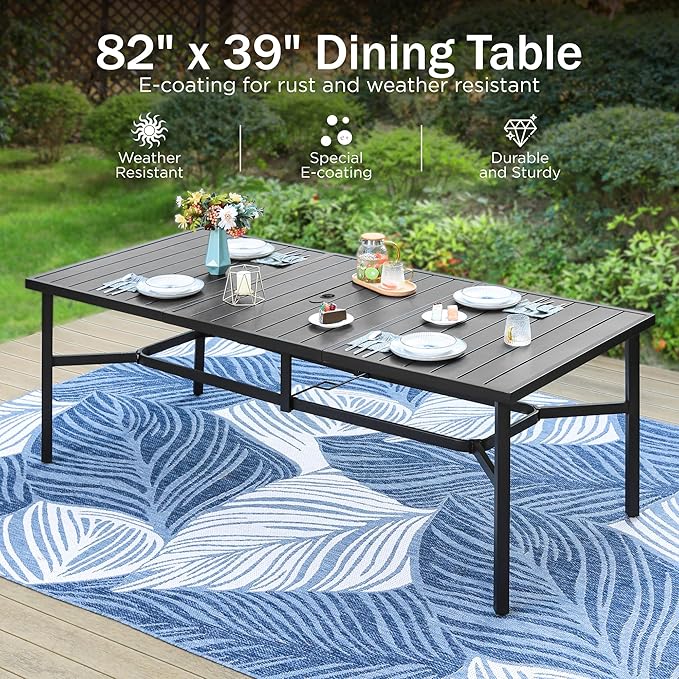 PHI VILLA 9 Pieces Outdoor Dining Set for 8, Rectangular Metal Table with Umbrella Hole & Stackable Wrought Iron Chairs, Large Dining Furniture for Patio, Deck, Yard, Porch