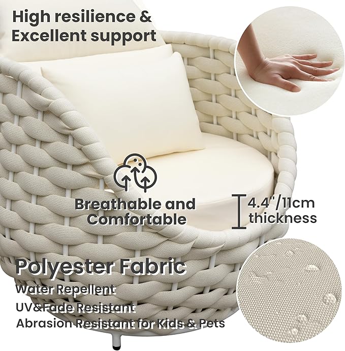 Patio Accent Chairs Set of 6: Aluminum Porch Lounge Chair with Arms - Woven Rope Cushioned Armchair - Modern One Seater Sofa - Outdoor Deck Furniture for 400lbs Balcony Yard Garden Hotel, Beige