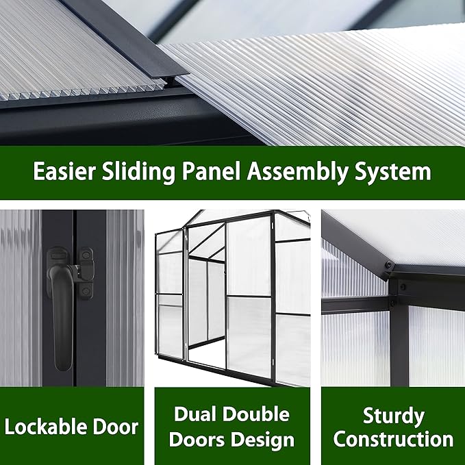 MUPATER 8 x 14 FT Heavy Duty Greenhouse, Polycarbonate Green House Kit with Aluminum Frame, Walk-in Greenhouse with Lockable Door and Ajustable Roof Vent for Backyard, Outdoors, Grey