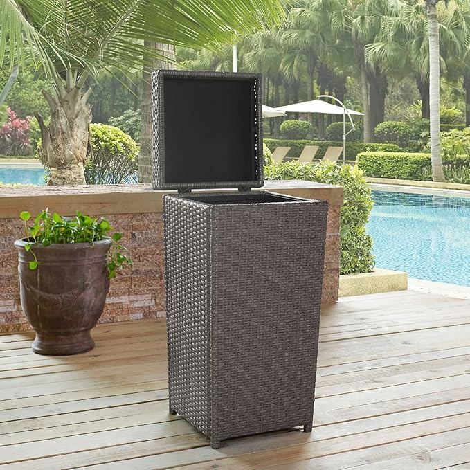 Crosley Furniture Palm Harbor Resin Wicker Outdoor Trash Can With Lid for Backyard, Patio, Deck, Balcony, Gray