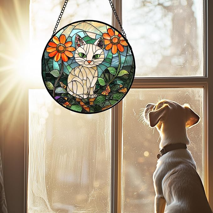 Stained Glass Window Hanging - White Cat Green Plants Orange Flowers Sun Catcher for Door Garden Home Decor Suncatcher Christmas Mother's Day Birthday Gifts for Women Men Mom Nana 15 in