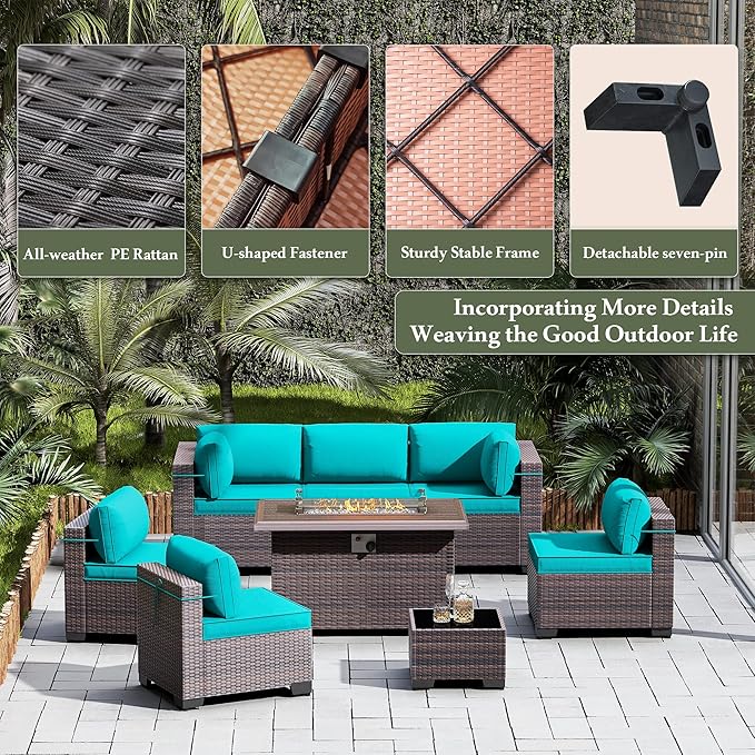 13 Pieces Outdoor Patio Furniture Set with Propane Fire Pit Table Outdoor Furniture Patio Sectional Sofa Conversation Sets w/ETL Approved 43" Gas Outdoor Fire Table & Coffee Table (Blue)