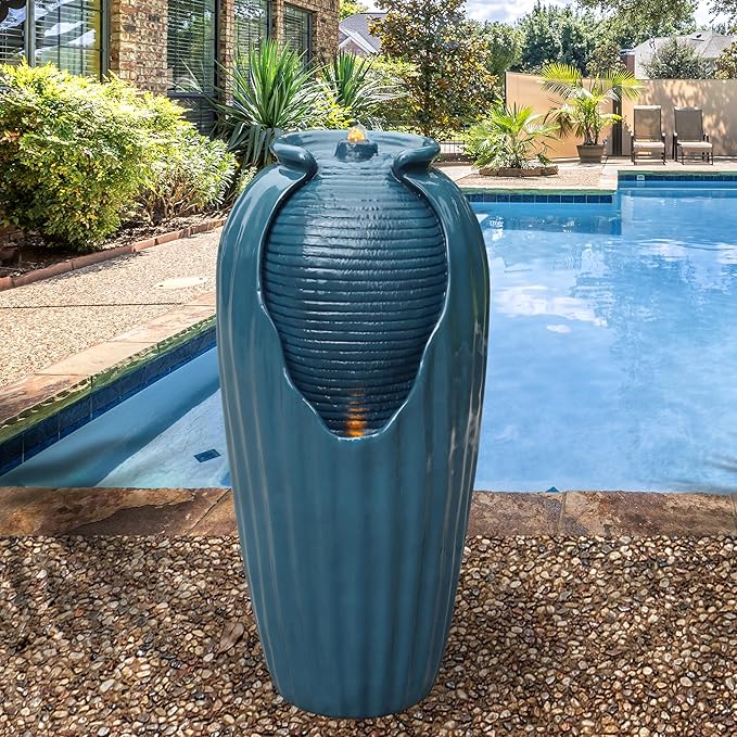 Teamson Home 32 in. Outdoor Contemporary Glazed Contoured Vase Water Fountain with LED Lights to Create a Calming Oasis in Gardens and Landscaping, on Patios, Balconies, Lawns, Teal Blue