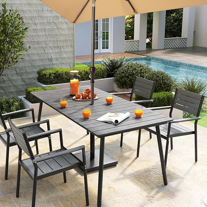 Aluminum 70 Inch Patio Outdoor Dining Table for 6, Umbrella Hole & Wood-Like Top, All-Weather Deck & Backyard Table