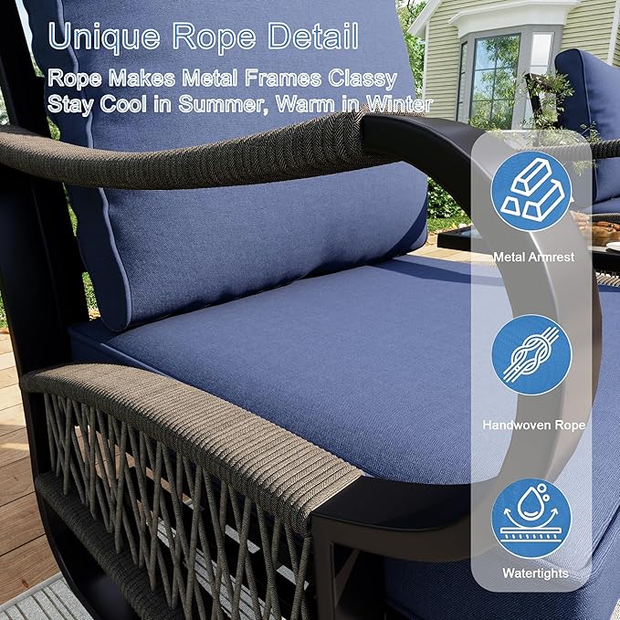 5 Pieces Modern Patio Furniture Set, All Weather Metal Outdoor Conversation Sets with Fire Pit Table for Backyard Garden Deck Porch Poolside, Blue