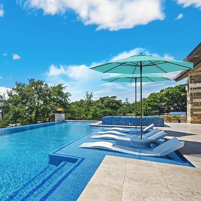 Midtown Umbrellas The Wooden 9 Feet Patio Umbrella With Sunbrella Aruba Acrylic Fabric - Aluminum Frame Market Umbrella For Backyard, Deck, Garden, Pool - Wooden Pole