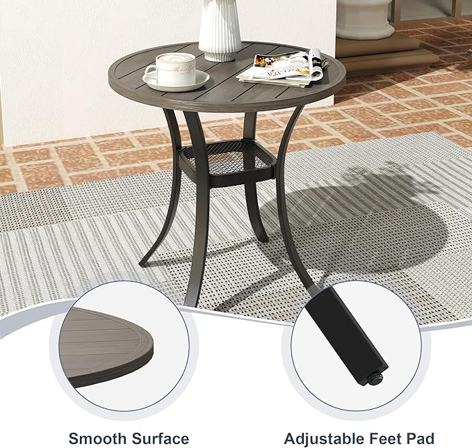 VICLLAX Round Patio Dining Table, Metal Outdoor Bistro Table with Storage Shelf for Balcony Garden Deck, 27.6Inch Grey