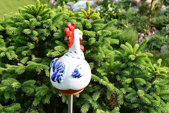 Ceramic Garden Decor - Rooster Lawn stake - Outdoor statue - Perfect, unique gifts for gardeners woman, men, yard gifts - Handmade, Frostproof