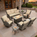ovios 8 Pieces Patio Furniture Set, Outdoor Wicker Sofa Couch with Swivel Chairs 42" Fire Pit Table, High Back All Weather Modern Conversation Sets, Brown Rattan, Beige