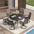 VICLLAX Patio Dining Set for 6, 7 Pieces Outdoor Furniture Includes 47.2" Round Patio Table with Umbrella Hole and 6 Outdoor Swivel Chairs for Lawn Garden, Black Tabletop and Mixed Brown Fabric