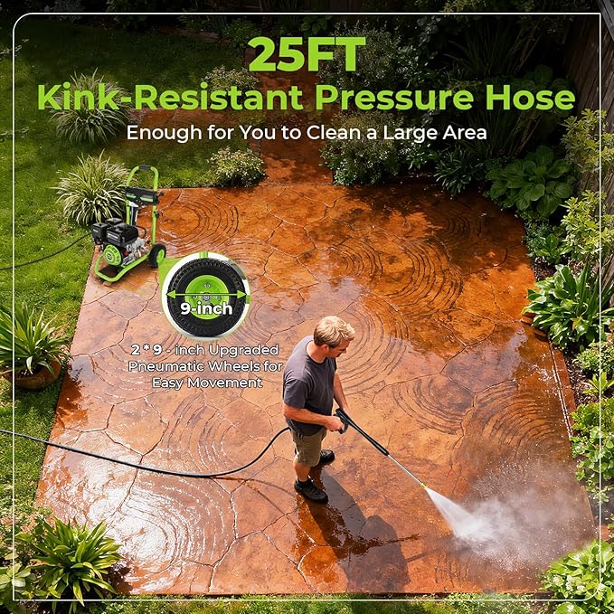 Professional 4200PSI 4GPM 212CC Gas Pressure Washer, 7.0 HP Commercial Gas Power Washer with 1L Foam Bottle 9" Wheels 5 Nozzles 25FT Hose for Home Car Fence Driveway (EPA/CARB/ETL Compliant), Green