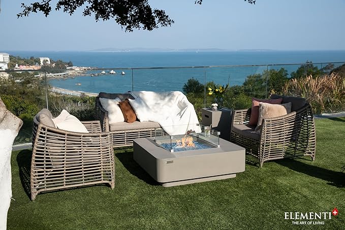 Elementi+ | Lucerne Gas Fire Pit Cast Concrete 42" Square Fire Table, Outdoor Fire Pit Electronic Ignition | Canvas Cover, Fire Glass and Burner Lid Included | Light Gray | Natural Gas