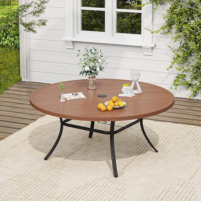 VICLLAX Outdoor Patio Round Dining Table, 60"x 60" Metal Slatted Round Tabletop with Adjustable Umbrella Hole for Deck Lawn Garden Backyard, Walnut