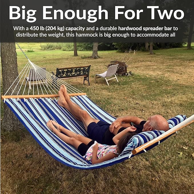 Sunnydaze Double Quilted Fabric Hammock with Universal Steel Stand - 450-Pound Capacity - Black Stand - Catalina Beach