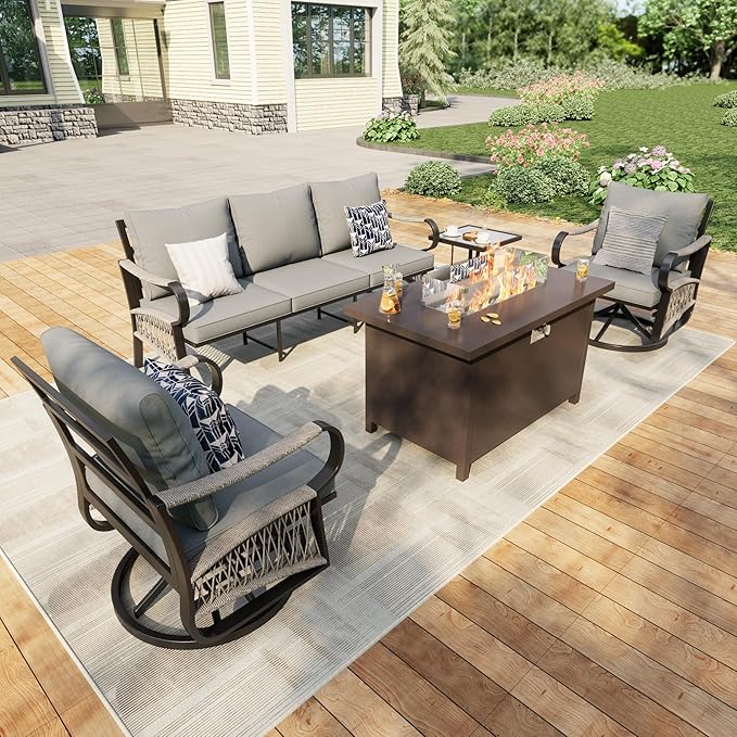 5 Pieces Patio Conversation Sets, All Weather Metal Outdoor Furniture Set, 3-Seater, 2 Swivel Rockers, 1 Side Tables, 1 Fire Pit Table for Backyard Garden Deck Porch Poolside, Gray