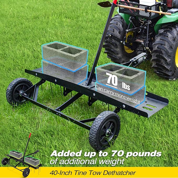 Suchtale 40inch Tow Behind Dethatcher with 20 Spring Steel Tines,Lawn Sweeper Garden Grass Tractor Rake Removes Thatch from Large Lawns, Riding Lawn Mower Attachments for Outdoor Yard Tools Lawn Care