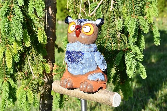 Ceramic Garden Decor - Owl Lawn stake - Outdoor statue - Perfect, unique gifts for gardeners woman, men, yard gifts - Handmade, Frostproof
