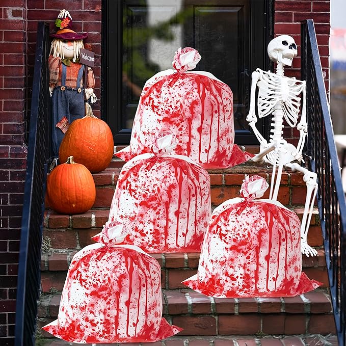 CNhoqc Halloween Lawn Leaf Bags - 8Pcs Halloween Bloody-Themed Thick Plastic Garbage Bags with Twist Ties, Fall Yard Leaf Trash Equiement, Reusable Plastic for Garden Outdoor Decorations Party Favor