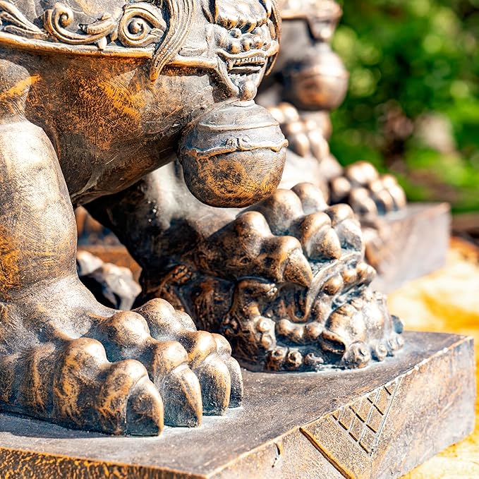 Zaer Ltd. Set of 2 Traditional Fu Dog Garden Statues, Chinese Guardian Lion Sculptures with Pedestals, Made with Magnesium-Cement (Aged Bronze)