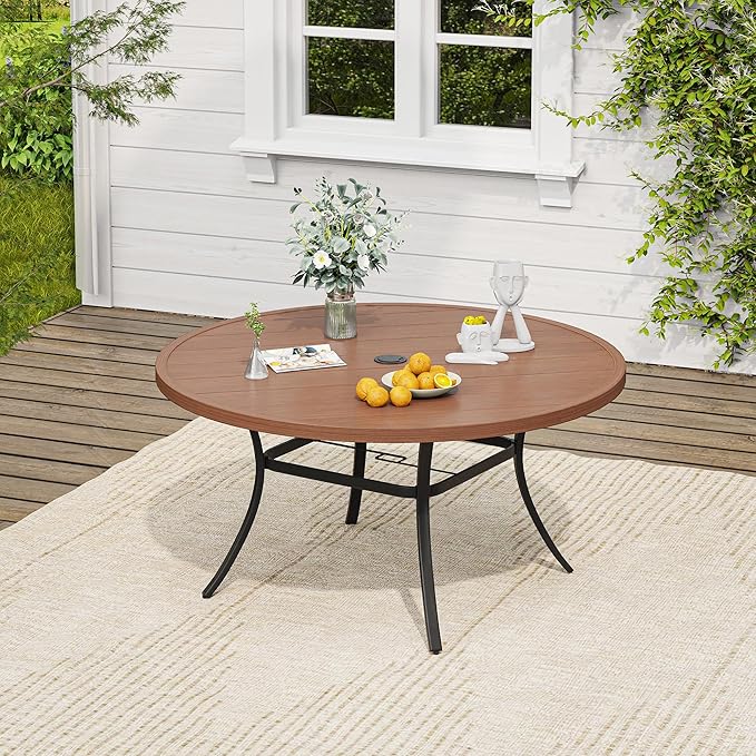 VICLLAX Outdoor Patio Round Dining Table, 50"x 50" Metal Slatted Round Tabletop with Adjustable Umbrella Hole for Deck Lawn Garden Backyard, Walnut