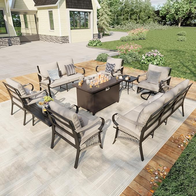 9 Pieces Outdoor Patio Conversation Sets with All Weather Cushions, Metal 3-Seater, 2 Swivel Rockers, 2 Single Chairs, 1 Loveseat, 1 Side Tables, 1 Coffee Table, 1 Fire Pit Table, Beige