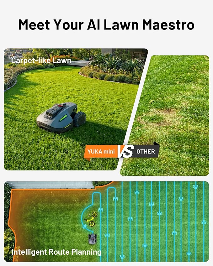 Mammotion YUKA Mini 700 Robot Lawn Mower for 0.17 Acre, Max.0.35 Acre, UltrasenseAI Vision+ RTK, Auto Mapping, 45% Slope,Perimeter Wire Free, Cutting Height 0.8''~2.4'', 7 Mowing Zones Management